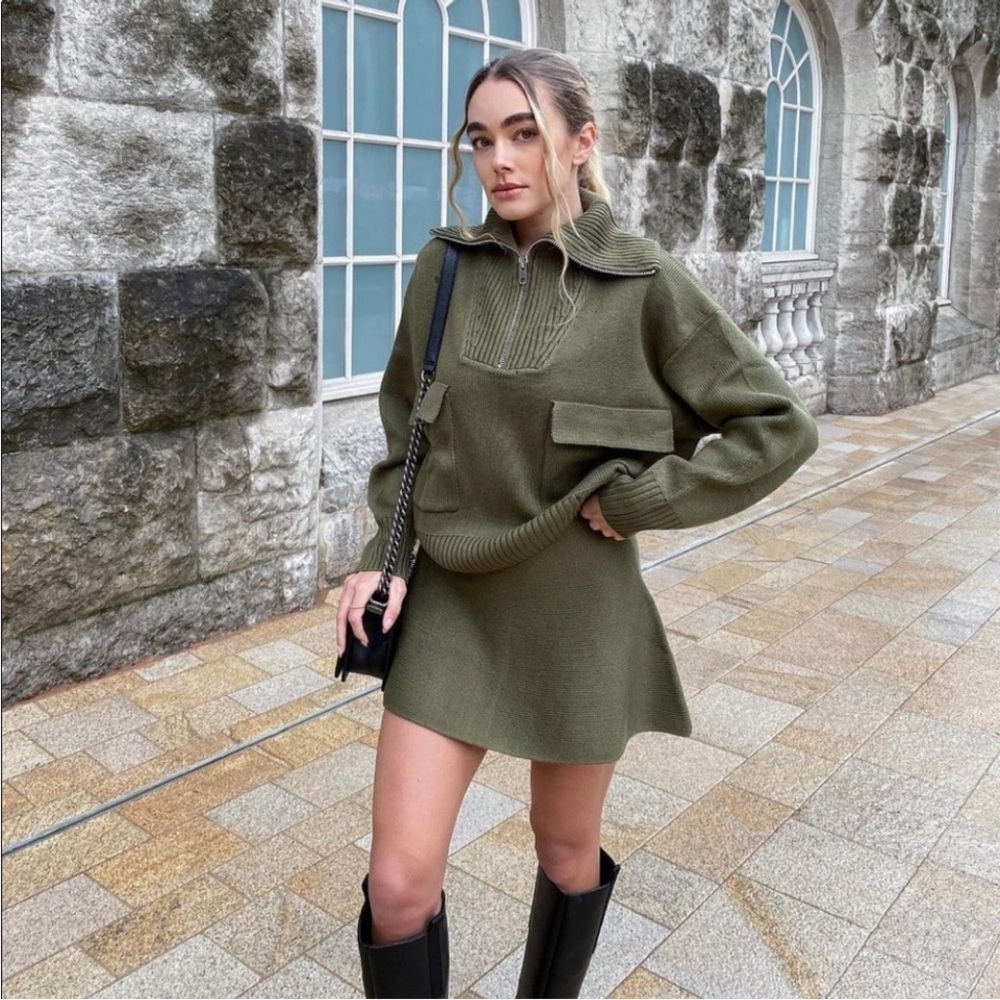 NWT Zara Knit Mini Skirt High Waisted Army Green Size Small